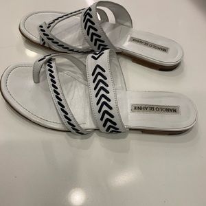 Manolo Blahnik white and navy sandals